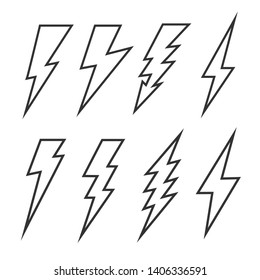 Thunder and Bolt Lighting Flash Icons Set. Flat Style Electric thunderbolt symbol line icon. Thunderstorm