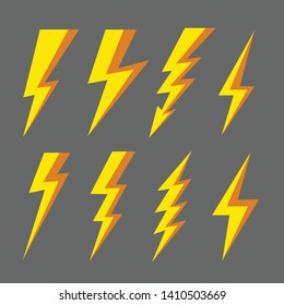 Thunder and Bolt Lighting Flash Icons Set. Flat Style Electric thunderbolt symbol icon. Thunderstorm