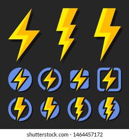 Thunder and Bolt Lighting Flash Icons Set. Flat Style on Dark Background. Vector