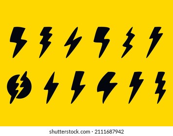 Thunder and Bolt Lighting Flash Icons Set. Flat Style isolated on yellow background. Vector illustration.