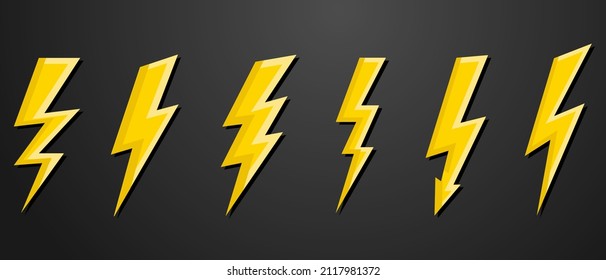 Juego de Iconos Flash de iluminación de truenos y tornillos. Estilo plano sobre fondo oscuro. Ilustración del vector 