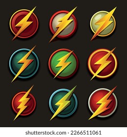 Juego de Iconos Flash de iluminación de truenos y tornillos. Estilo plano sobre fondo oscuro. Vector