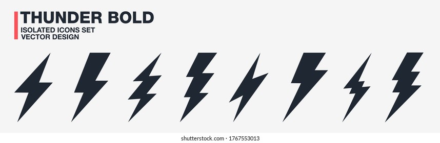 Thunder bolt lightning flash icons set vector. Isolated black design symbols on transparent background. Electric thunderbolt signs. Abstract concept dangerous and power illustration