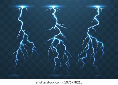 Thunder bolt and lightnings, realistic thunderstorm electricity flash. Electric blue glowing  lightning blitz at night stormy sky isolated on transparency vector set