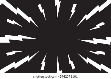 Thunder bolt pattern. Electric power, flash light, jagged stripes background. Super hero, bang, speed or surprise cartoon effect. Black and white comic print. Vector graphic illustration.