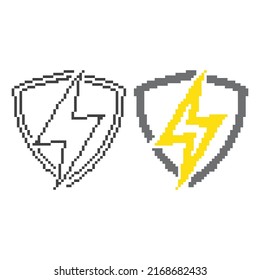 Thunder bolt shield, electric protect. Pixel art icon vector illustration