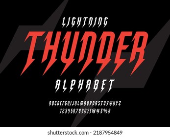 thunder bolt style alphabet design with uppercase, numbers and symbol