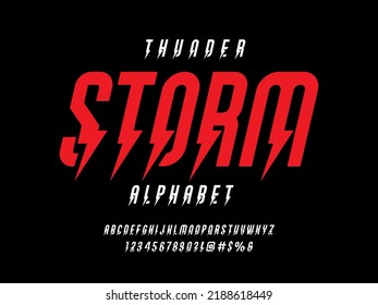 thunder bolt style alphabet design with uppercase, numbers and symbol