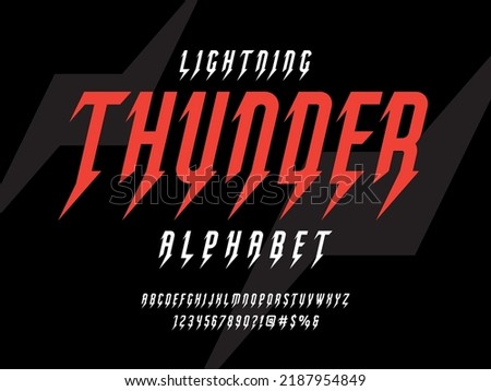 thunder bolt style alphabet design with uppercase, numbers and symbol