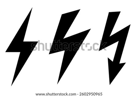 Thunder bolt vector icons set isolated on white background. Simple flat illustration of lightning black shapes, electric stroke web symbols.