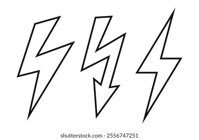 Thunder bolt vector line icons set isolated on white background. High energy and voltage web symbol. Simple linear flat illustration of electricity equipment, black outline arrows shapes.