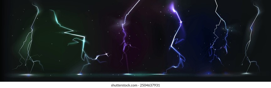 Thunder bolt and vertical bright lightning on black background. Realistic 3d vector illustration set of storm energy effect. Light glow thunderstorm flash power strike or electric voltage discharge.