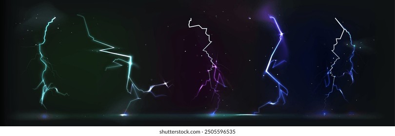 Thunder bolt and vertical bright lightning on black background. Realistic 3d vector illustration set of storm energy effect. Light glow thunderstorm flash power strike or electric voltage discharge.