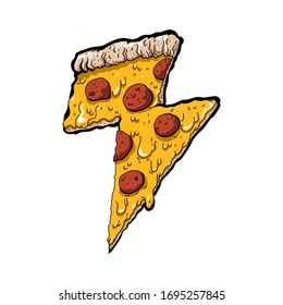 Thunder cheesy pizza slice sticker vector illustration isolated on white background