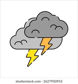 Thunder Cloud Flat design style, grey cloud with yellow lightning bolt, symbolizing storm or weather changes, ideal for climate education content.