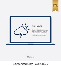 Thunder Cloud Icon and Laptop Symbol. Flat Isolated Vector