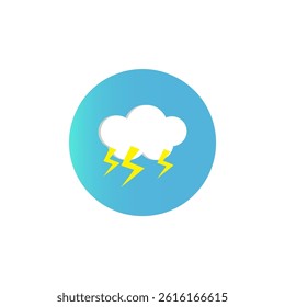 Thunder cloud icon. Lightning weather shape. Yellow electric symbol. Blue vector circle.