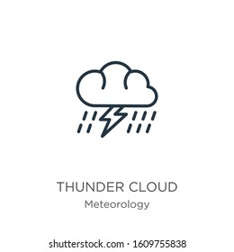 Thunder cloud icon. Thin linear thunder cloud outline icon isolated on white background from meteorology collection. Line vector sign, symbol for web and mobile