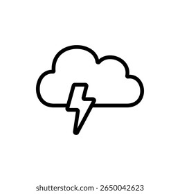 Thunder cloud with lightning bolt underneath in line icon style. Ideal for storm warnings, climate apps, and power outage alerts.