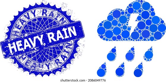 Thunder cloud vector collage of round dots in variable sizes and blue color tints, and rubber Heavy Rain stamp seal. Blue round sharp rosette stamp seal has Heavy Rain text inside.