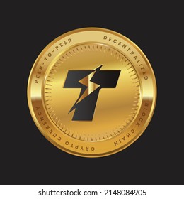 Thunder coin (TT) crypto currency token logo on gold coin black themed design. vector illustration for cryptocurrency symbols or icons. can used for banner, poster, financial projects, background.