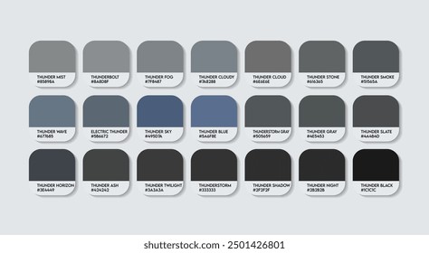 Thunder Color Palette, Thunder Gray Color Guide Palette with Color Names. Catalog Samples of Dark Gray colors with RGB HEX codes. cladding sheet ash colors, Fashion Trend Black Color Palette