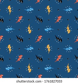Thunder. Colorful Lightning Bolt Signs with Triangles Seamless Pattern. Vector Blue Background with Doodle Thunderbolts for Kids t-shirt Print, Nursery Design, Birthday Party