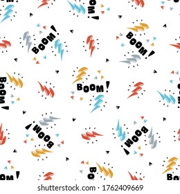 Thunder. Colorful Lightning Bolt Signs with Triangles and Boom Word Seamless Pattern. Vector Background with Doodle Thunderbolts for Kids t-shirt Print, Nursery Design, Birthday Party