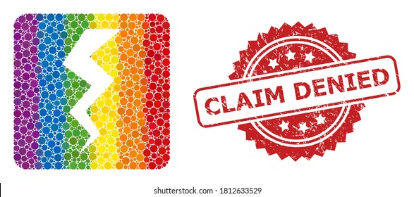 Thunder crack mosaic icon of spheric elements in variable sizes and LGBT color tinges, and Claim Denied grunge rosette stamp. A dotted LGBT-colored Thunder crack for lesbians, gays,