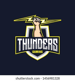 Thunder E Sport logo. Thunder with hand vector logo E Sport