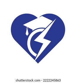 Thunder education heart shape concept vector logo template. Education logo with graduation cap and thunder icon.