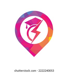 Thunder education map pin shape concept vector logo template. Education logo with graduation cap and thunder icon