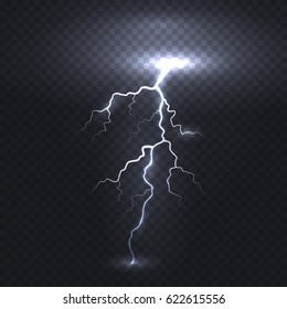 Thunder energy. Realistic electricity lightning flash bolt or thunderbolt isolated on transparent background. Vector electric light thunder spark or white power blast storm template for your design
