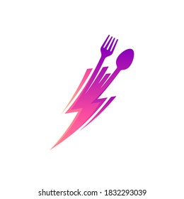 Thunder fast food logo. Thunder with spoon, fork and fast motion effect. Flat logo design in gradient purple color