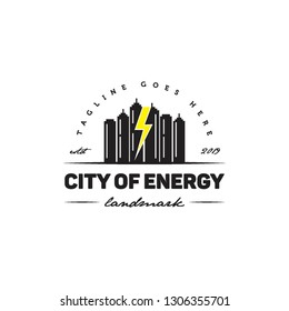 thunder flash electric energy and town skyscraper building city landmark logo icon vector template