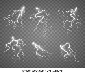 Thunder flash of lightning on transparent background. Symbol of natural strength or magic, light and shine, abstract, electricity and explosion. Realistic electric ball thunderstorm in the sky. Vector