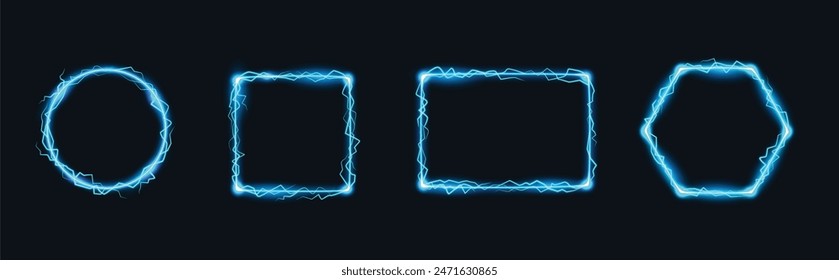 Thunder frame. Magic lightning border, electric energy square and shock power thunderbolt circle vector set