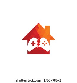Thunder game home shape concept logo design. Game control with lightning icon logo
