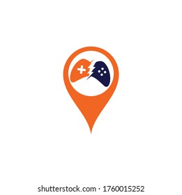 Thunder game map pin shape concept logo design. Game control with lightning icon logo