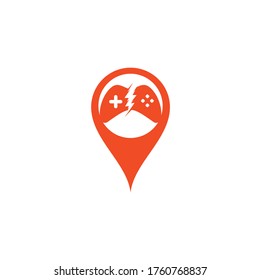 Thunder game map pin shape concept logo design. Game control with lightning icon logo