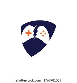 Thunder game shield shape concept logo design. Game control with lightning icon logo