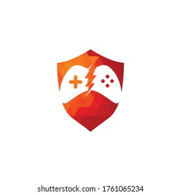 Thunder game shield shape concept logo design. Game control with lightning icon logo