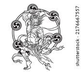  Thunder god Raijin  of Japan, Vector Illustration,Japanese Tattoo
