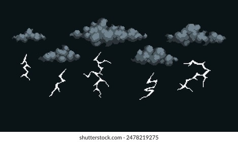 Thunder, gray clouds pixel art set. Rainy, dark thundercloud collection. Electric bolt, charge 8 bit. Game development, mobile app. Isolated vector illustration. 