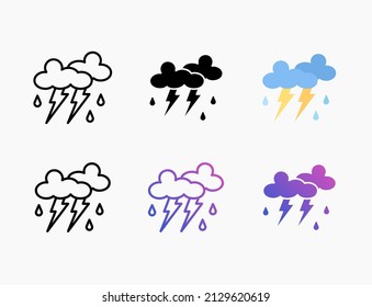 Thunder icon set with line, outline, flat, filled, glyph, color, gradient. Editable stroke and pixel perfect. Can be used for digital product, presentation, print design and more.