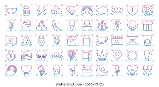 thunder and kawaii icon set over white background, gradient line style, vector illustration