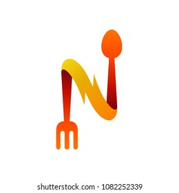 Thunder Letter N With Spoon And Fork, Logo Template Ready For Use, Initial Letter Logo, Restaurant Logo