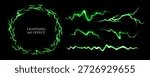 Thunder Light Energy Effect. Vector Green Thunderbolt Set. Electric Flash Neon Lightning. Green Lightning Bolt Strikes Through Dark Background