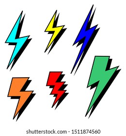 thunder lighting set with different color and shape isolated on white background. vector illustration