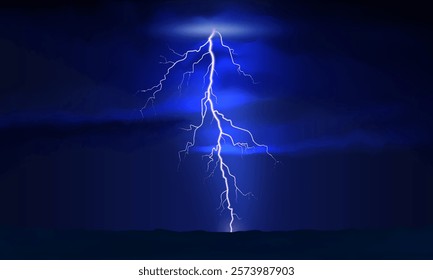 Thunder lightning. Dramatic thunderstorm with bright lightning against dark cloudy ominous sky. Dark blue nature thunderstorm background, night landscape. Realistic vector illustration